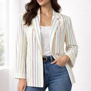 The Fox Collection Multicolor Striped Blazer Oversized Career Chic Jacket S
